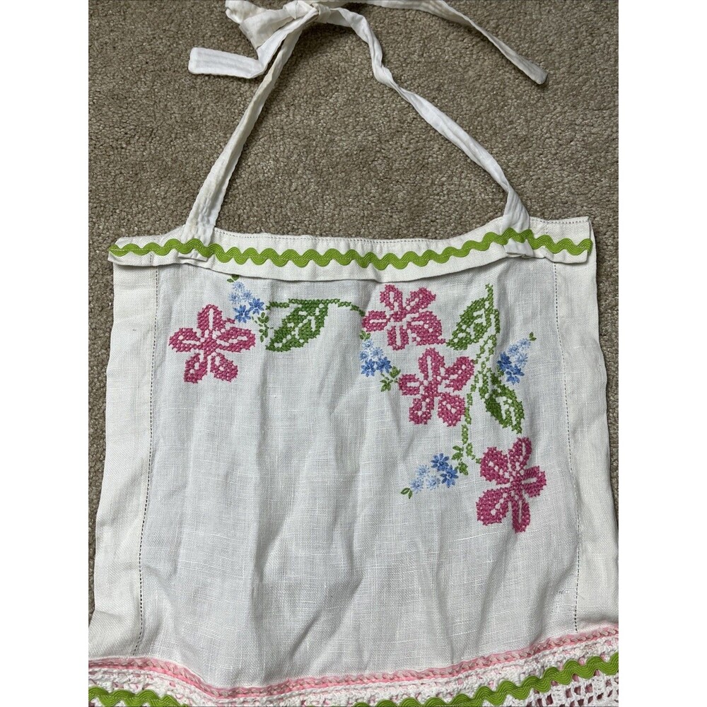 VTG 50-70s Handmade Child’s Linen Apron Pinafore Embroidered Crochet Gingham EUC - Picture 2 of 13
